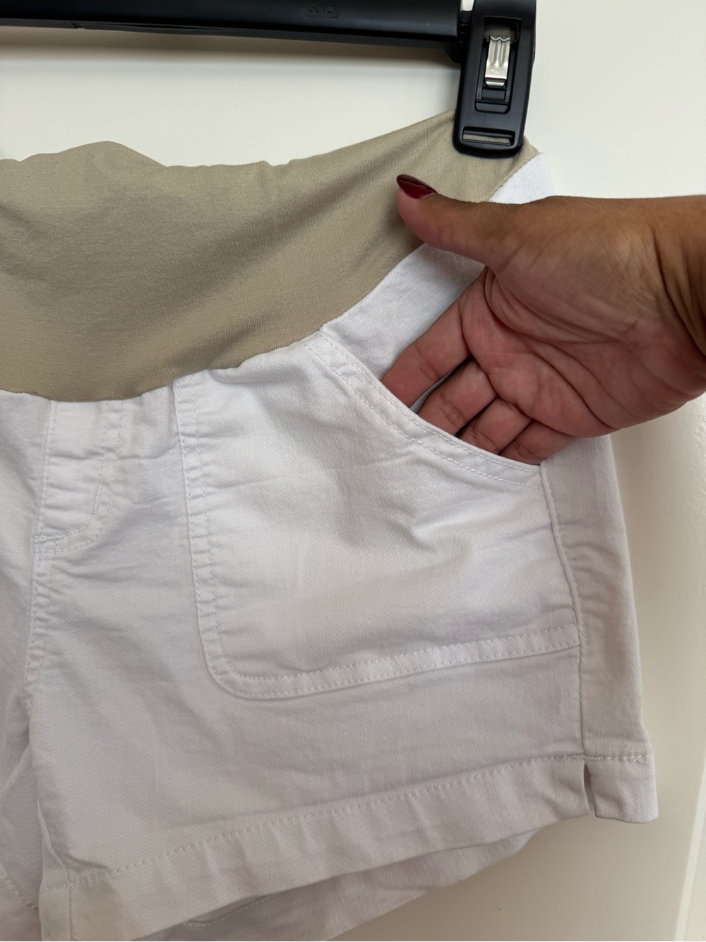 Haute Moma-Maternity White Cotton Blend Shorts with Tan Stretch Waistband - Picture 2 of 6